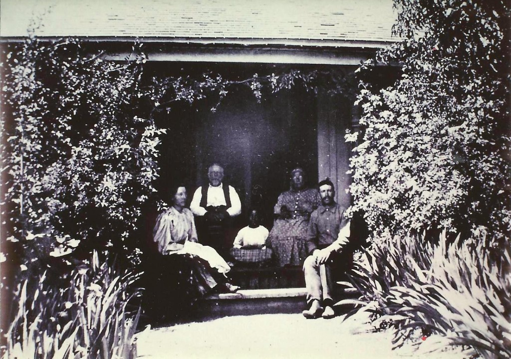 Mr.& Mrs. Charles Thomas, Emma, Friend and Maid on Porch of Ranch house 1880′s